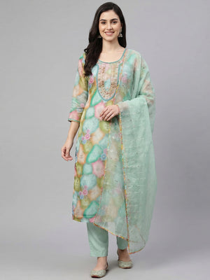 Green Floral Printed Organza Dress Material - Image 1