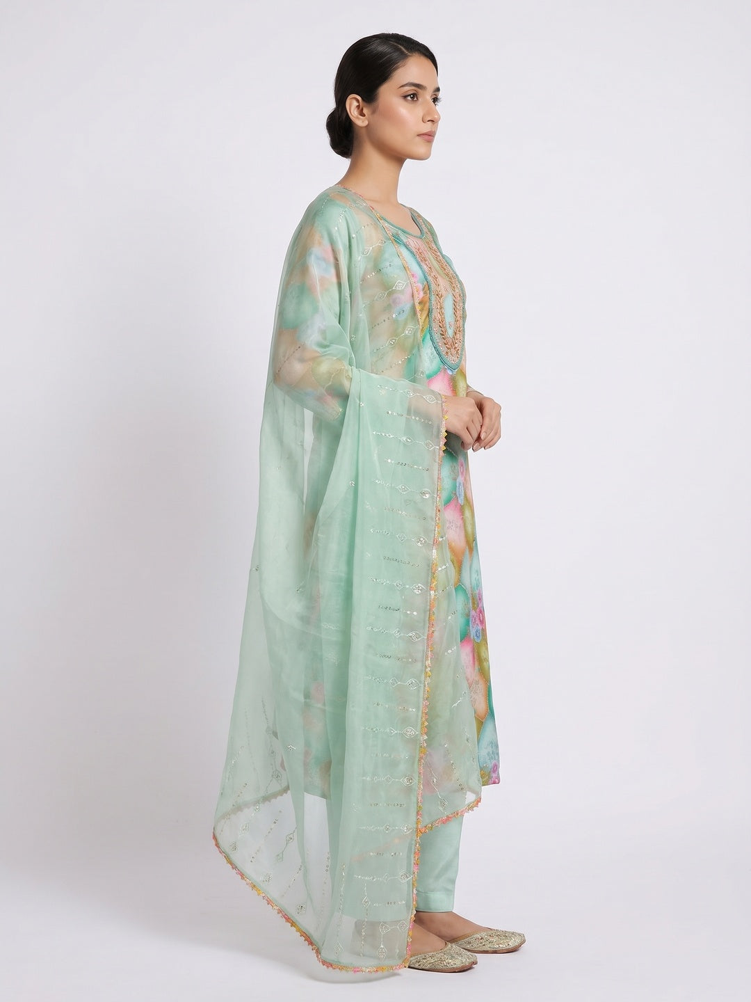 Green Floral Printed Organza Dress Material - Image 2