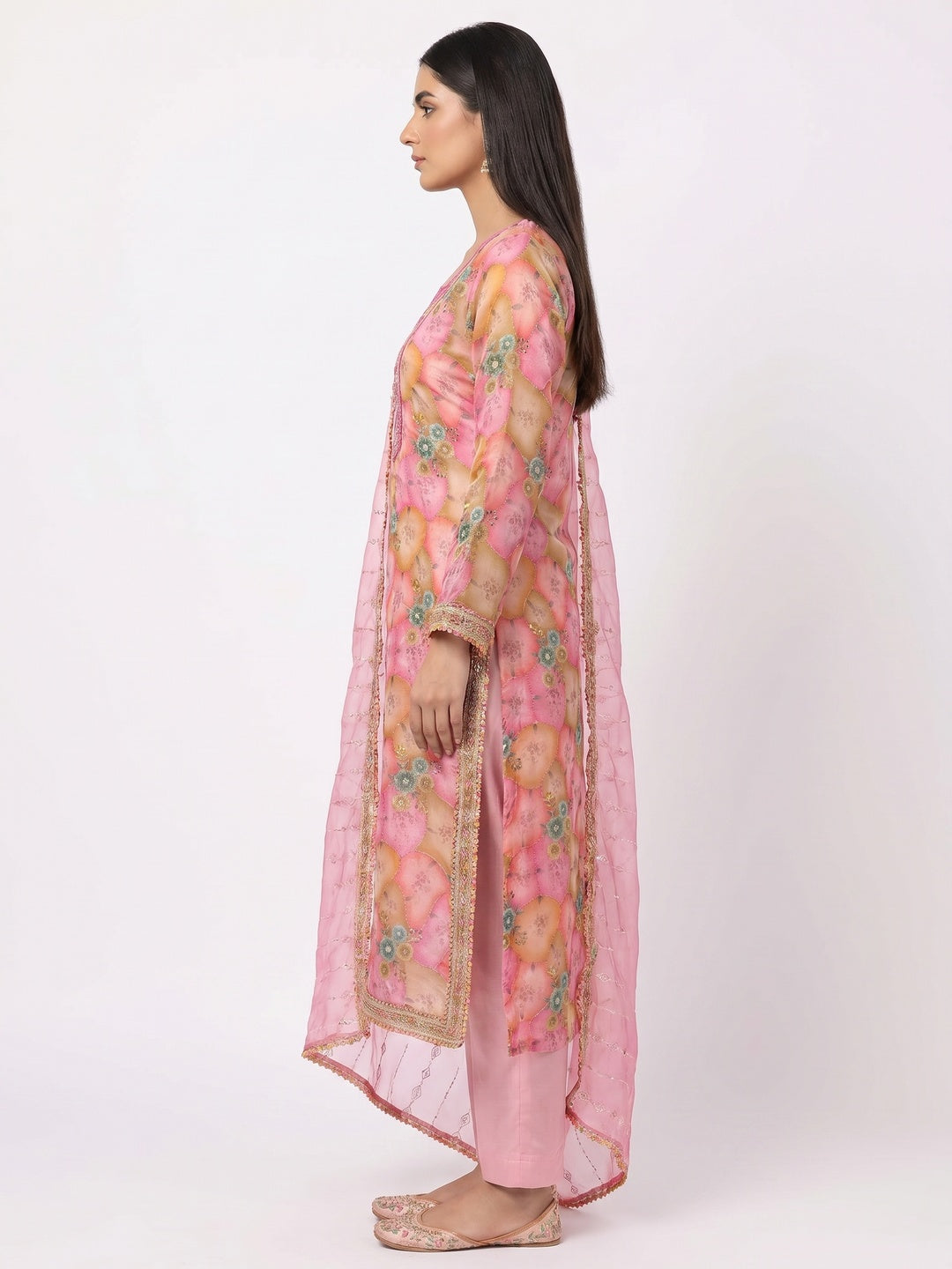Pink Floral Printed Organza Dress Material - Image 2