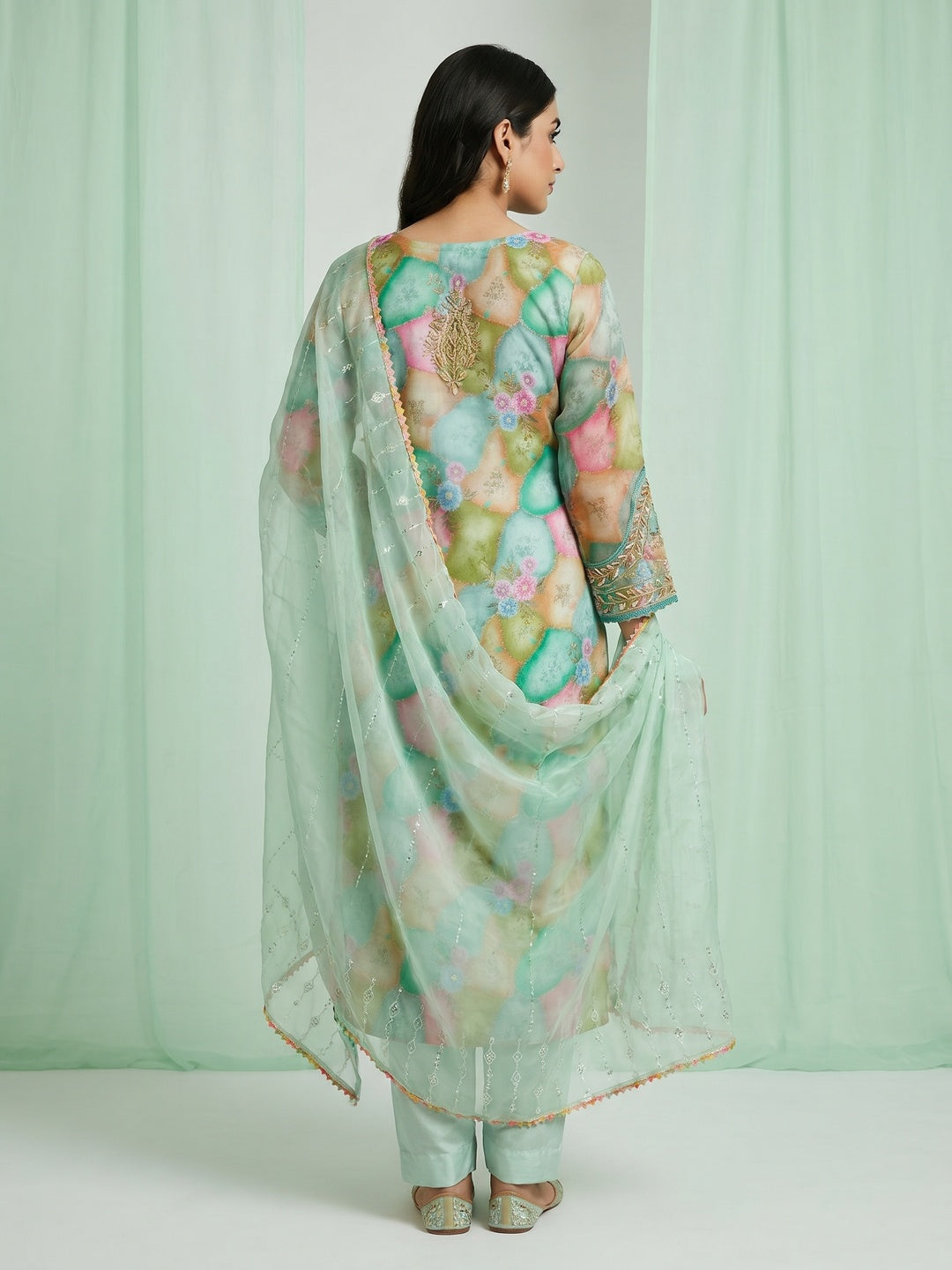 Green Floral Printed Organza Dress Material - Image 3