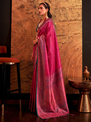 Rani Pink Floral Woven Art Silk Saree With Tassels - Image 1