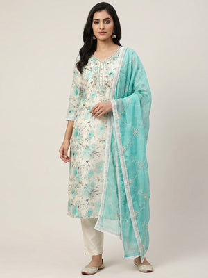Cream & Turquoise Floral Digital Printed With Handwork Chanderi Silk Dress Material - Image 1