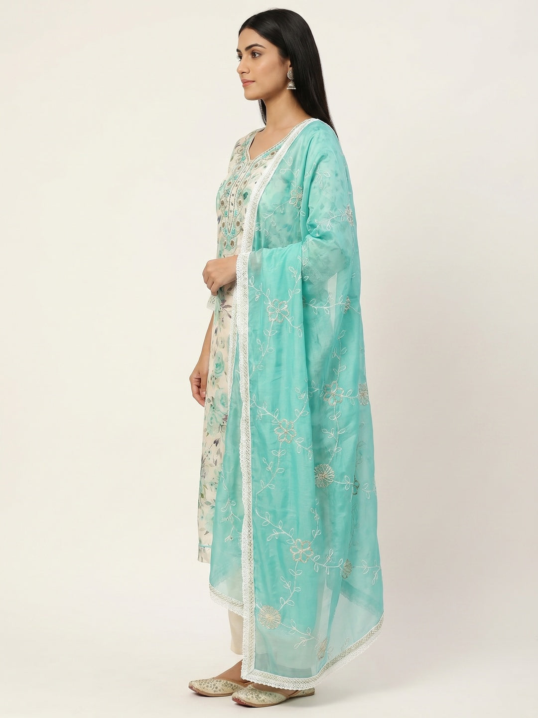 Cream & Turquoise Floral Digital Printed With Handwork Chanderi Silk Dress Material - Image 3