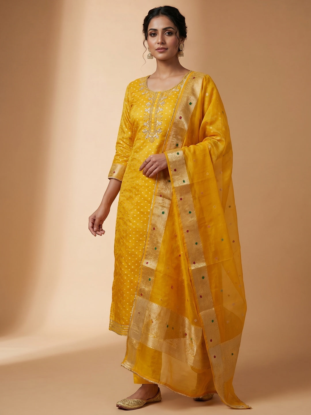 Yellow Woven With Handwork Chanderi Silk Dress Material - Image 1
