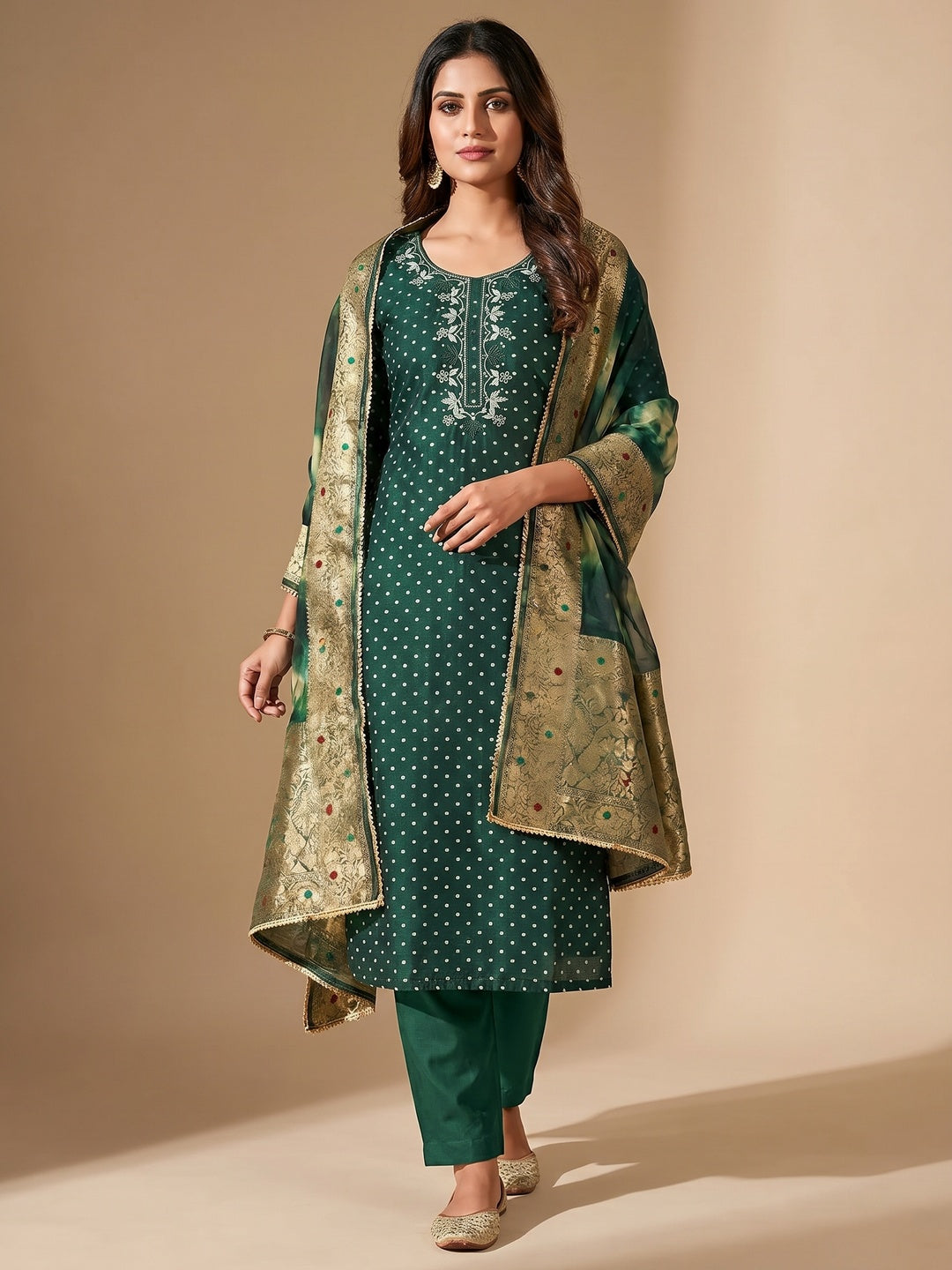 Morpich Woven With Handwork Chanderi Silk Dress Material - Image 1