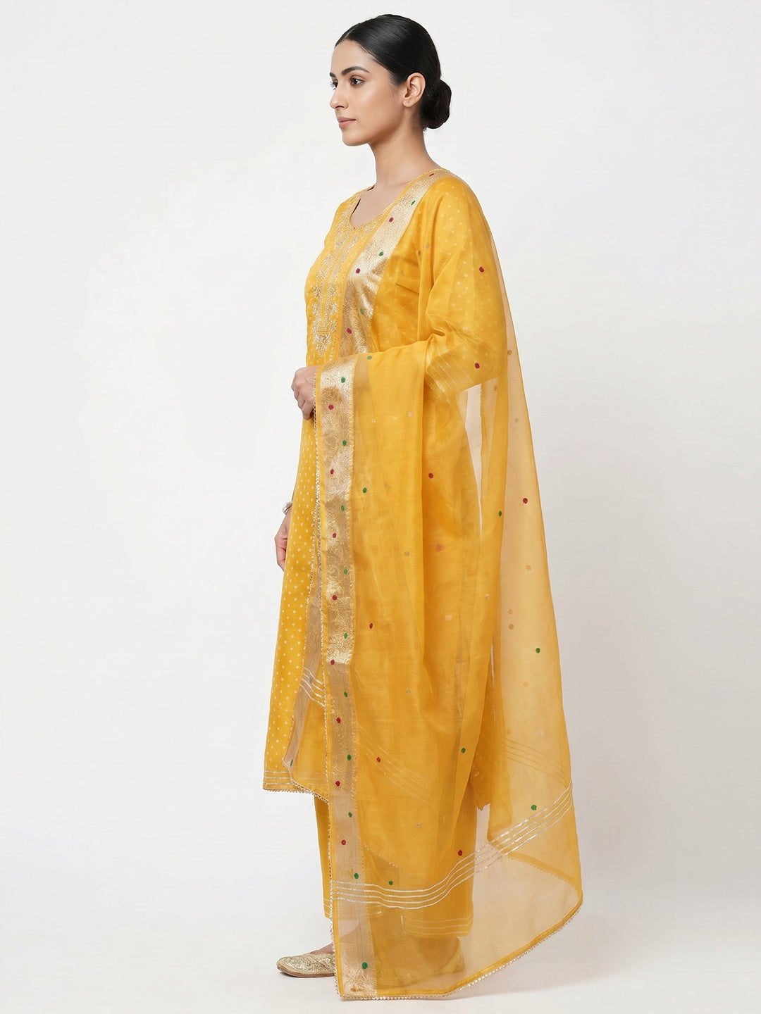 Yellow Woven With Handwork Chanderi Silk Dress Material - Image 3