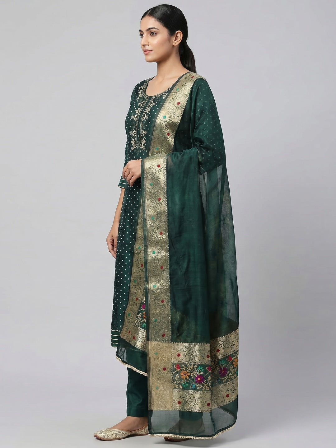 Morpich Woven With Handwork Chanderi Silk Dress Material - Image 2