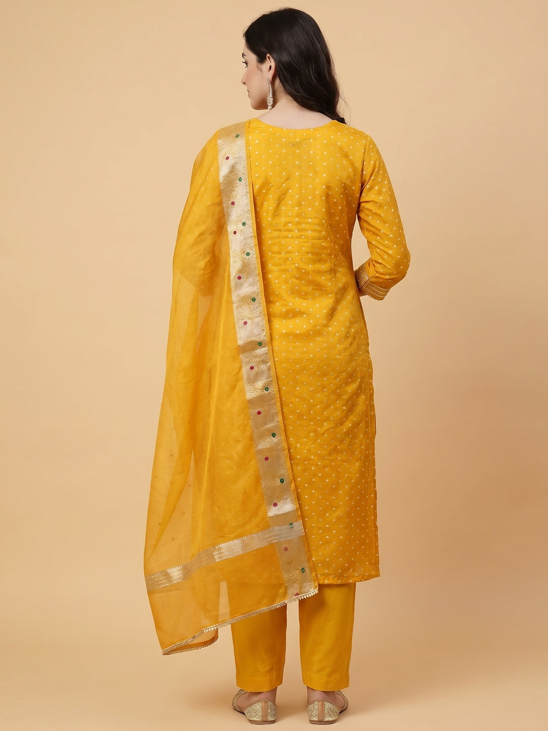 Yellow Woven With Handwork Chanderi Silk Dress Material - Image 2