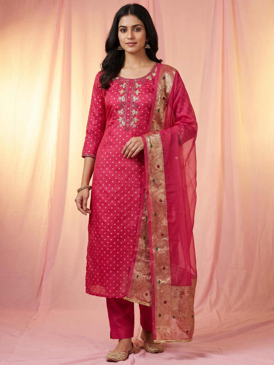 Pink Woven With Handwork Chanderi Silk Dress Material - Image 1