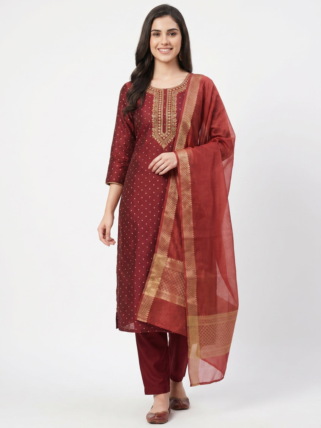 Maroon Woven With Handwork Chanderi Silk Dress Material - Image 1