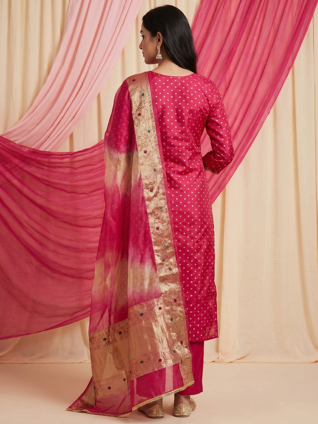 Pink Woven With Handwork Chanderi Silk Dress Material - Image 3