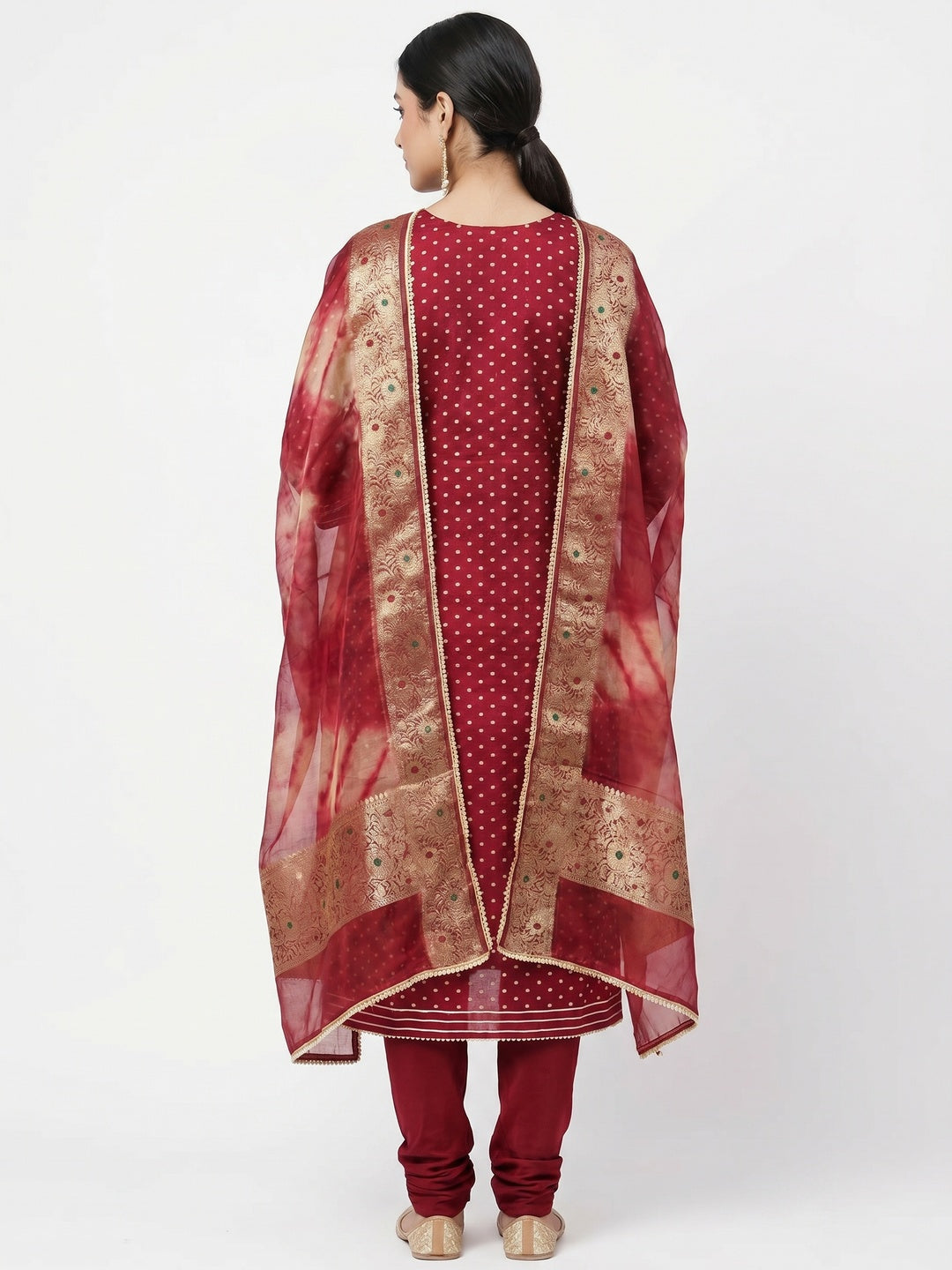 Maroon Woven With Handwork Chanderi Silk Dress Material - Image 3