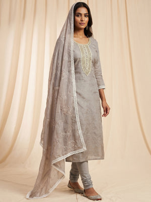 Grey Woven With Moti Handwork Chanderi Silk Dress Material - Image 1