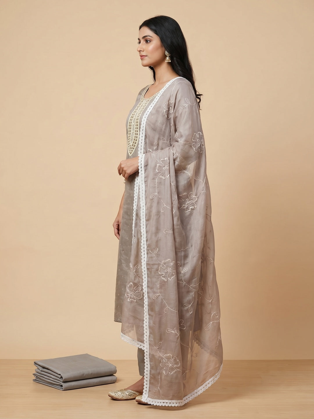 Grey Woven With Moti Handwork Chanderi Silk Dress Material - Image 2