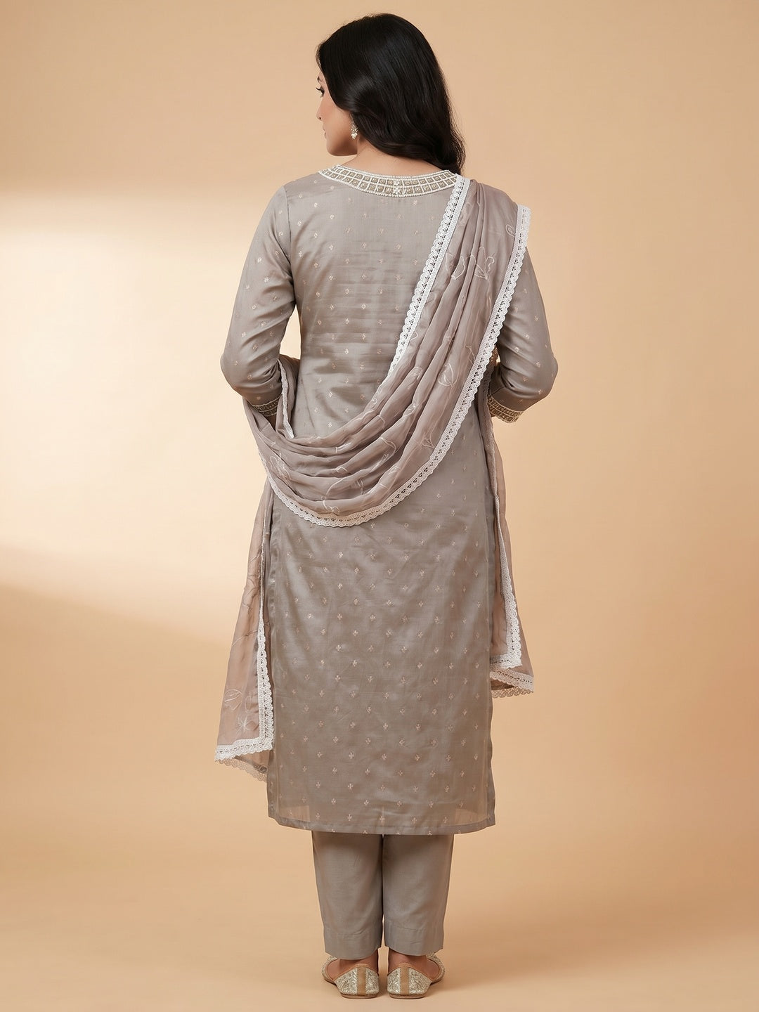 Grey Woven With Moti Handwork Chanderi Silk Dress Material - Image 3