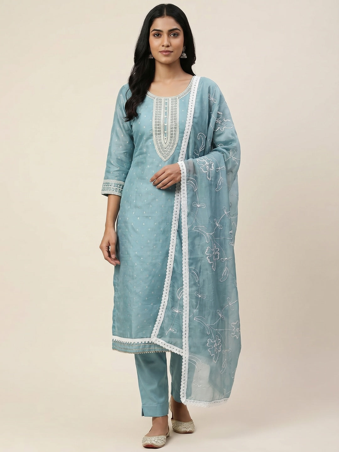 Blue Woven With Moti Handwork Chanderi Silk Dress Material - Image 1