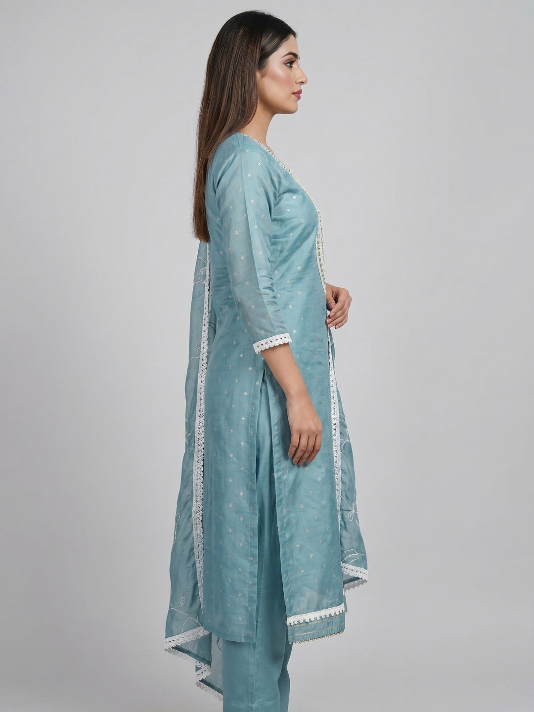 Blue Woven With Moti Handwork Chanderi Silk Dress Material - Image 3