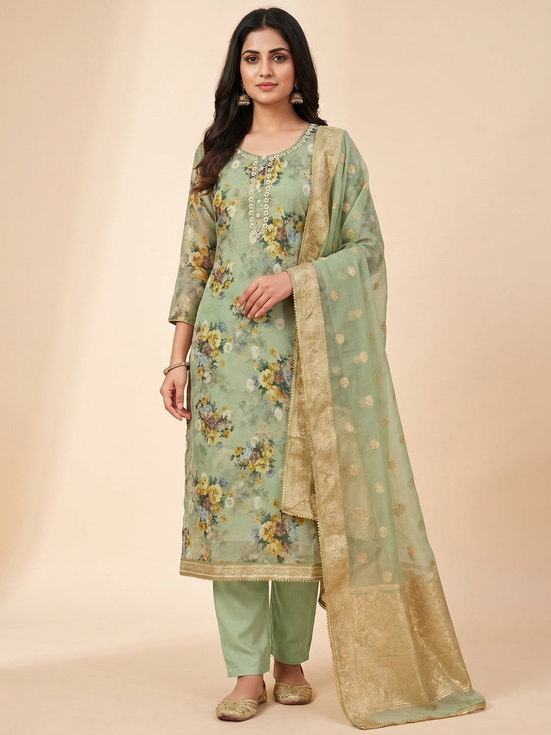 Green Floral Digital Printed With Handwork Organza Dress Material - Image 1