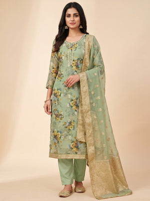 Green Floral Digital Printed With Handwork Organza Dress Material - Image 1