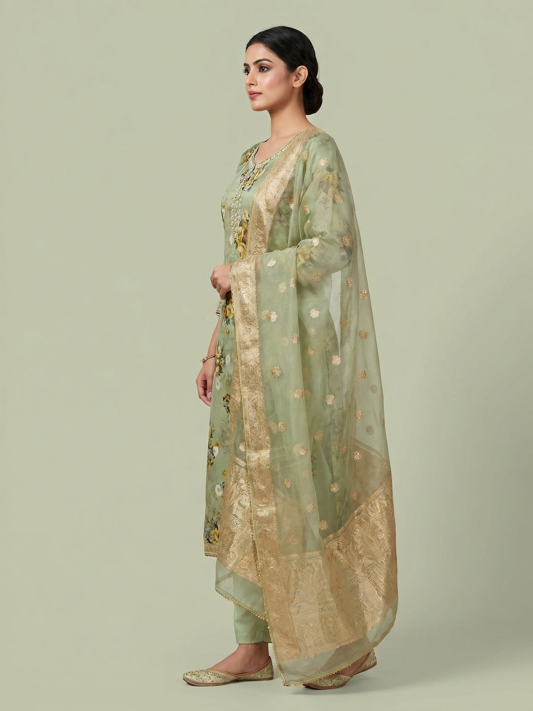 Green Floral Digital Printed With Handwork Organza Dress Material - Image 3