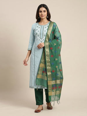Green Embroidered With Handwork Cotton Blend Dress Material - Image 1