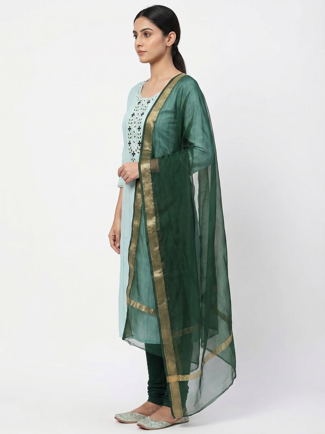 Green Embroidered With Handwork Cotton Blend Dress Material - Image 2