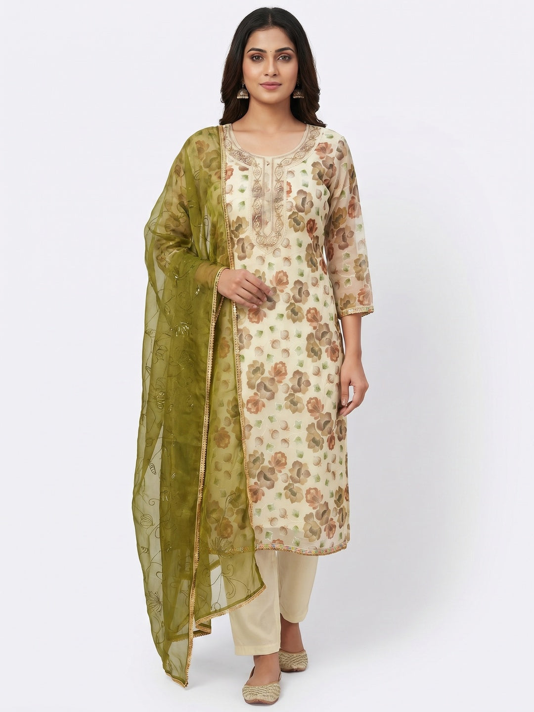 Cream Floral Embroidered With Printed Organza Dress Material - Image 1