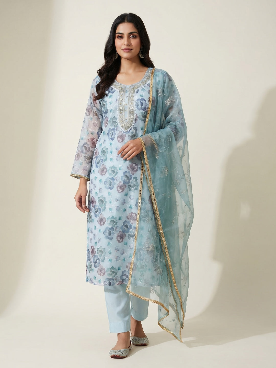 Blue Floral Embroidered With Printed Organza Dress Material - Image 1
