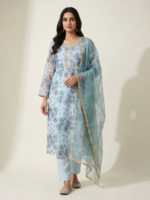 Blue Floral Embroidered With Printed Organza Dress Material - Image 1