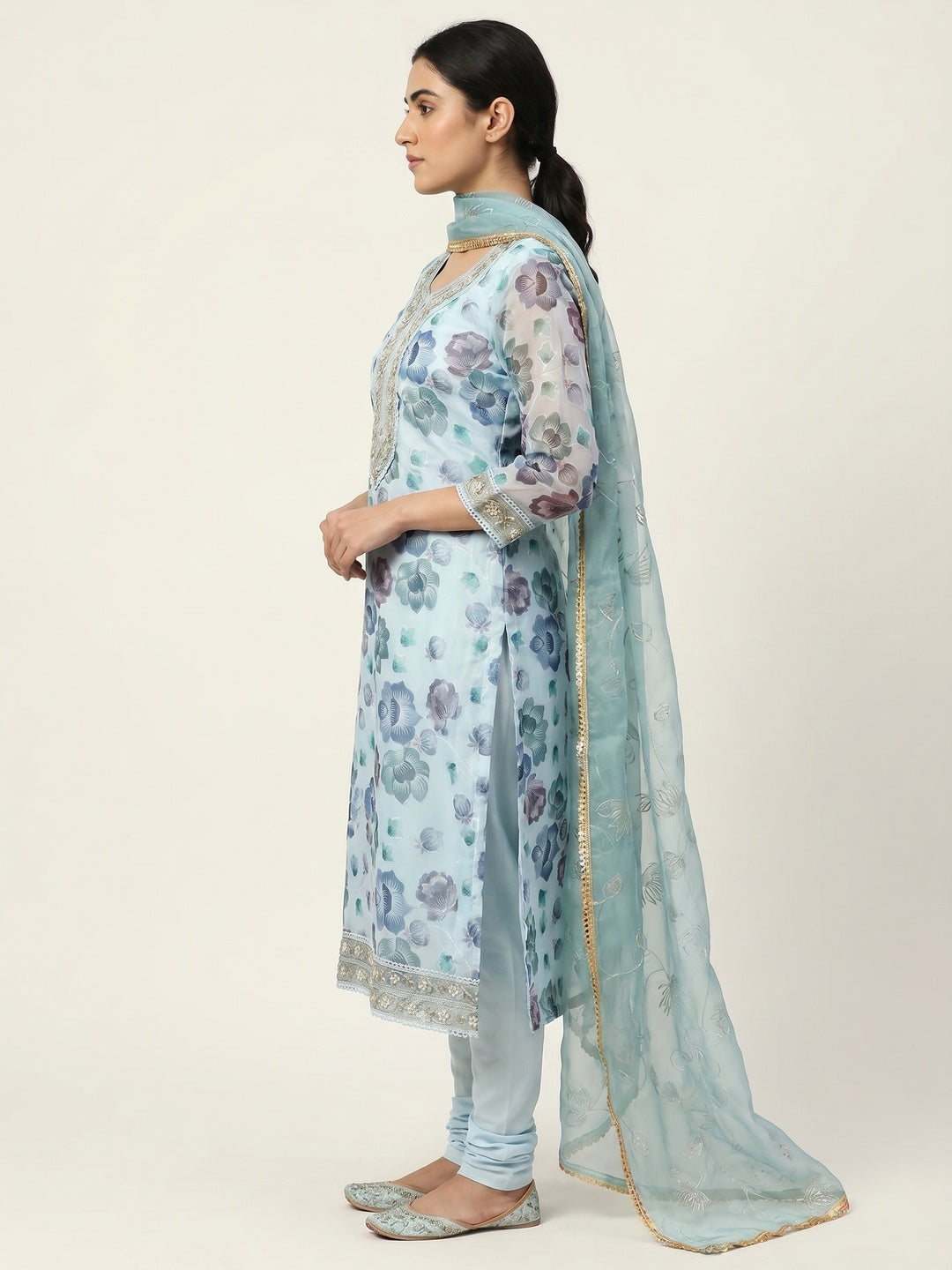Blue Floral Embroidered With Printed Organza Dress Material - Image 2