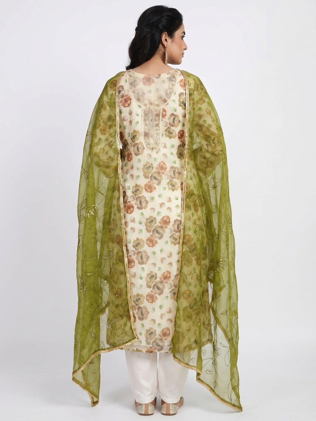 Cream Floral Embroidered With Printed Organza Dress Material - Image 2