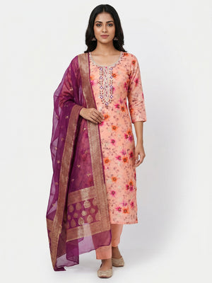 Peach Floral Digital Printed With Woven Chanderi Silk Dress Material - Image 1