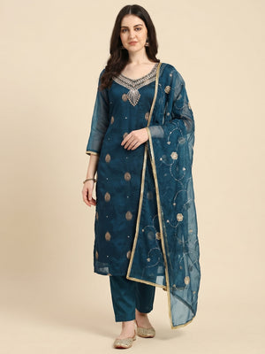 Teal Blue Floral Woven Organza Dress Material - Image 1