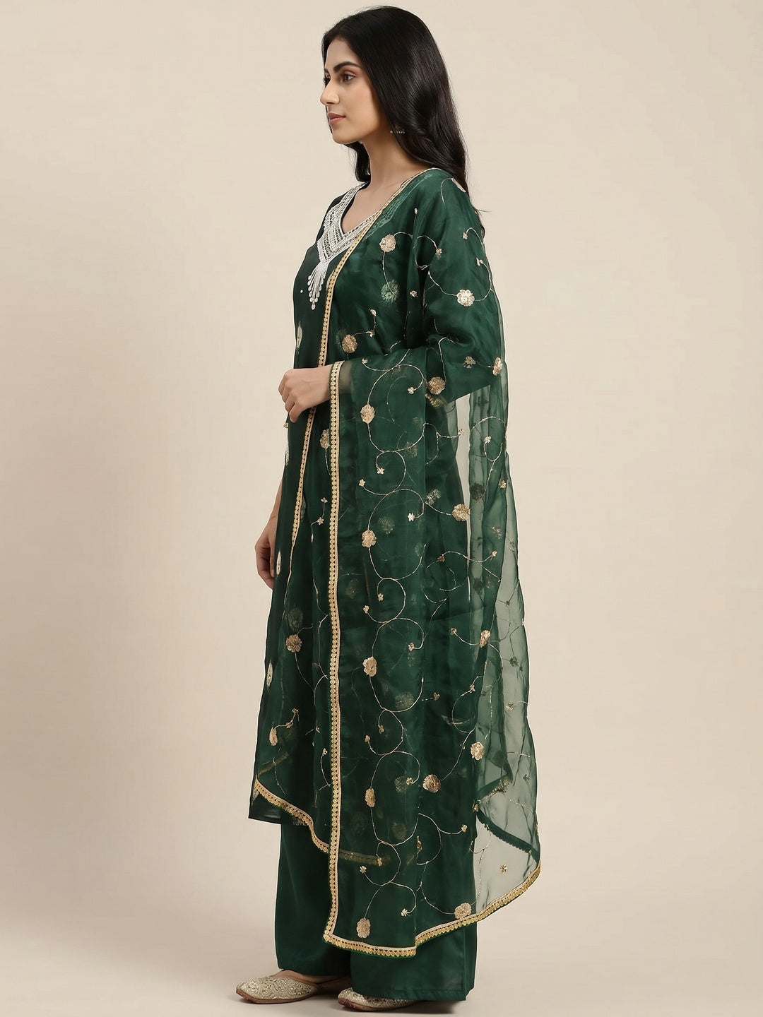 Green Floral Woven Organza Dress Material - Image 3