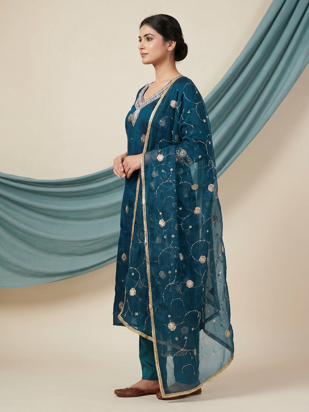 Teal Blue Floral Woven Organza Dress Material - Image 2