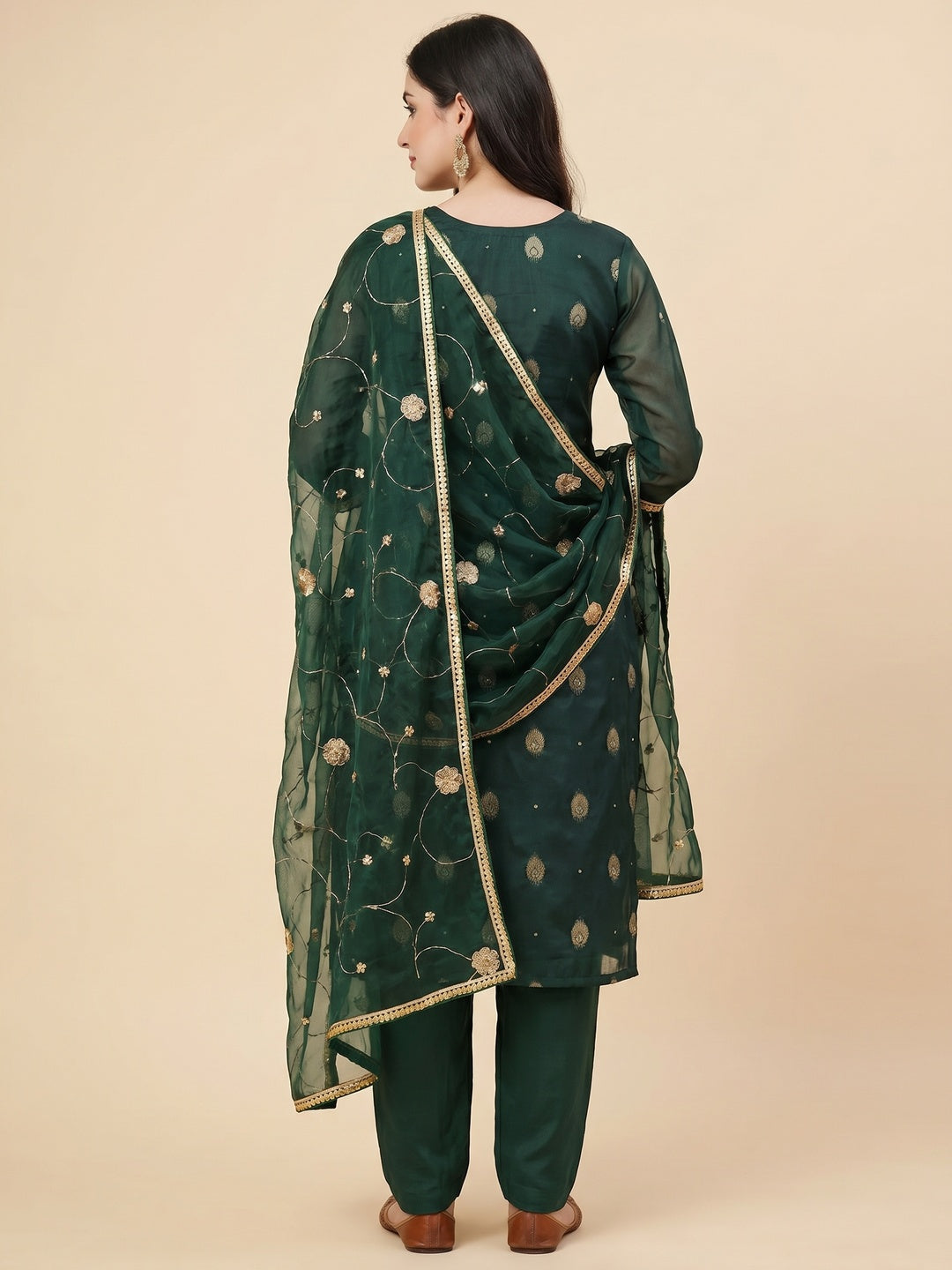 Green Floral Woven Organza Dress Material - Image 2