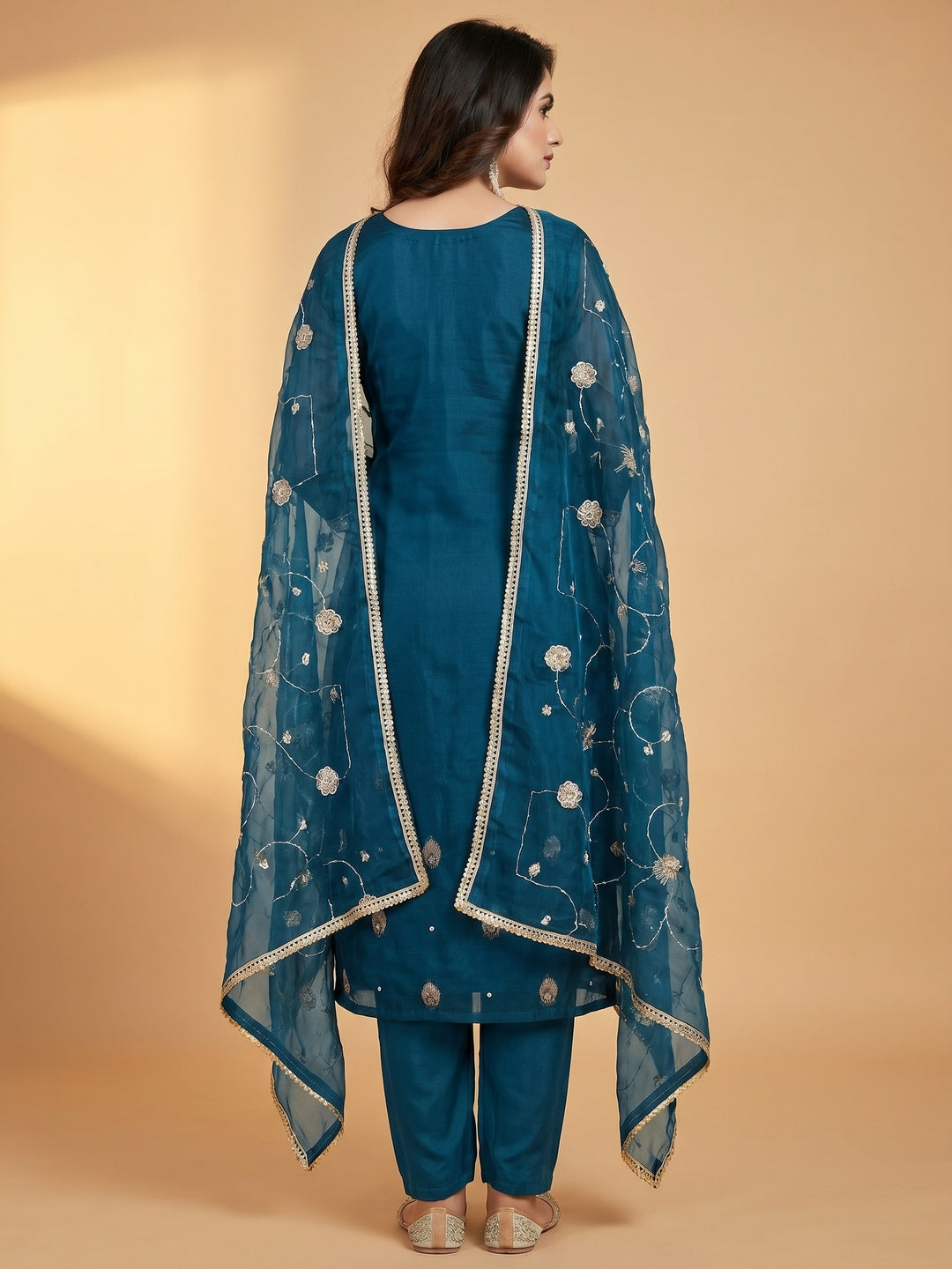 Teal Blue Floral Woven Organza Dress Material - Image 3