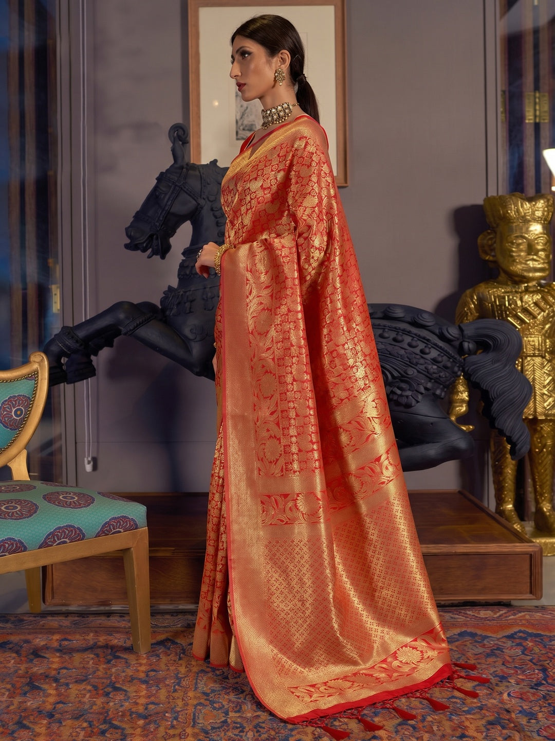 Red Woven Art Silk Saree With Tassels - Image 1