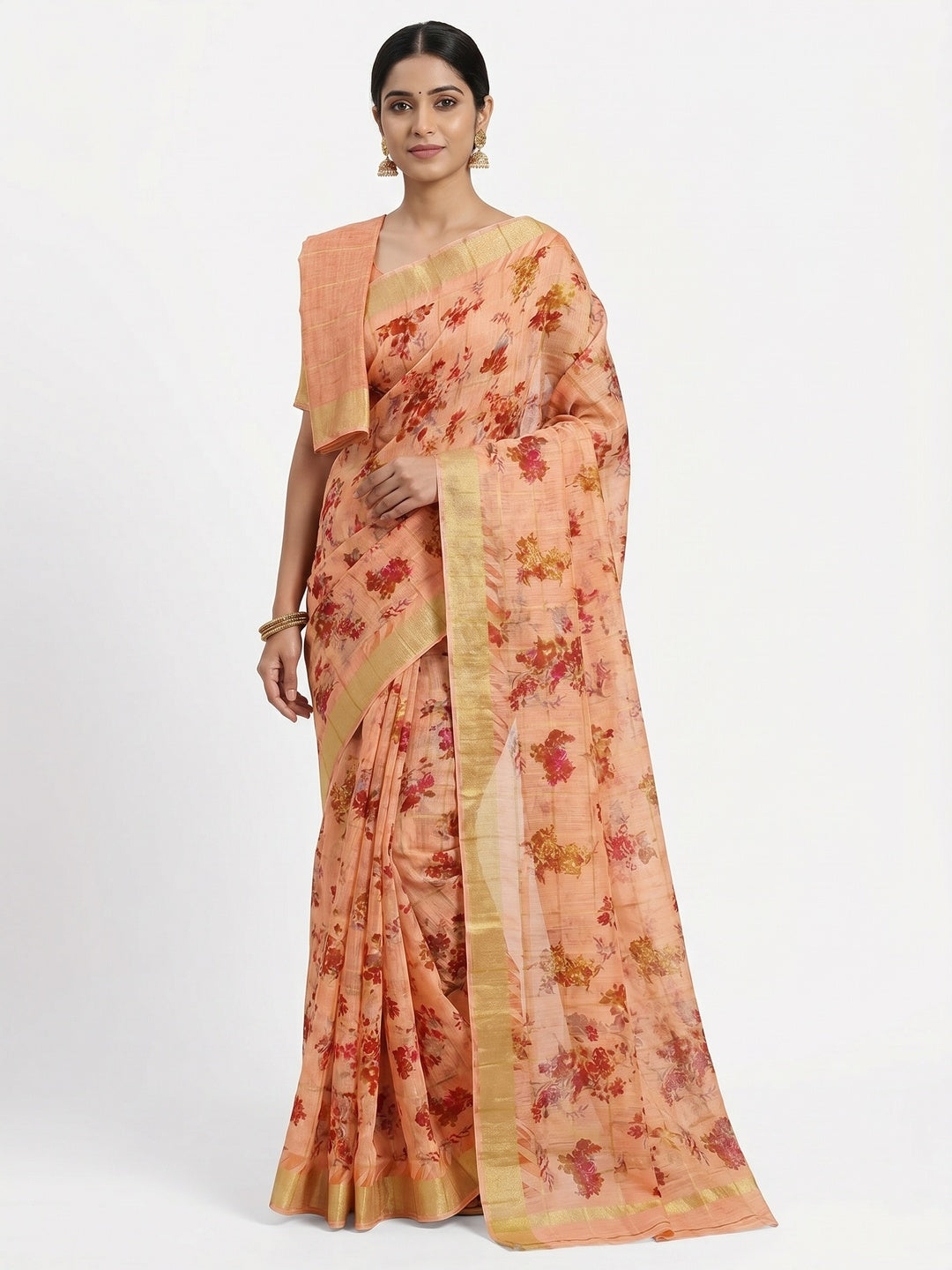 Blissful Peach Colored Casual Wear Fancy Printed Cotton Saree - Image 1