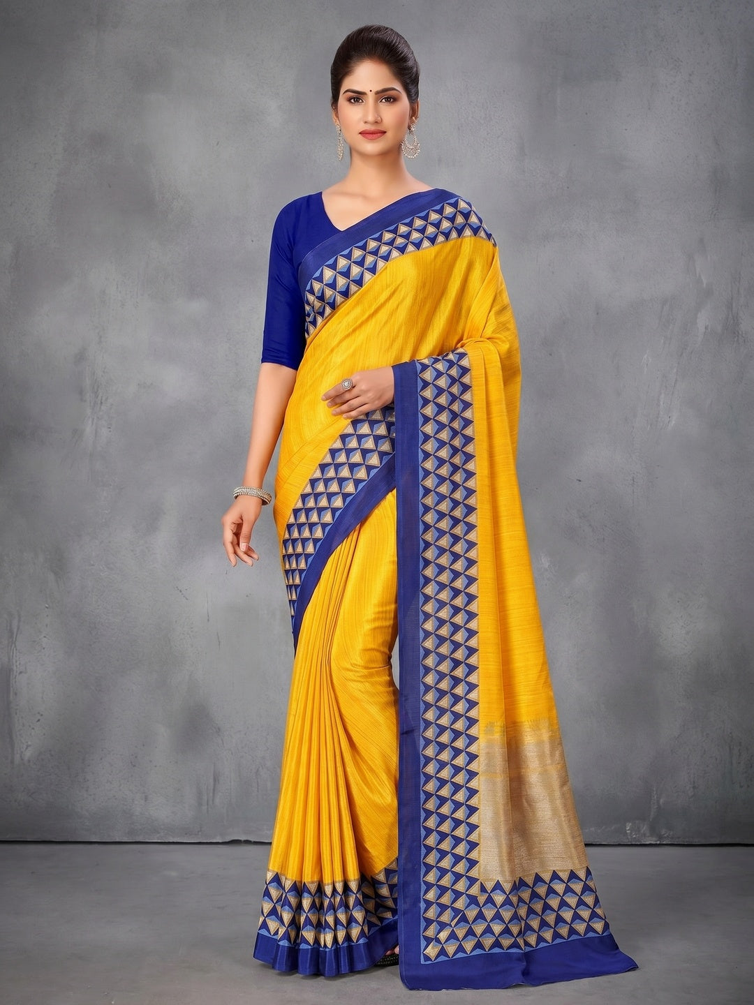 Yellow Silk Crepe Saree with Geometric Print - Image 1