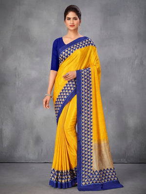 Yellow Silk Crepe Saree with Geometric Print - Image 1