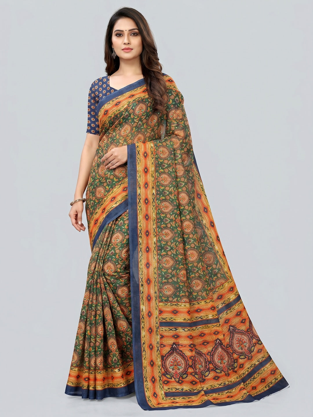 Green Floral Printed Pure Cotton Saree - Image 1