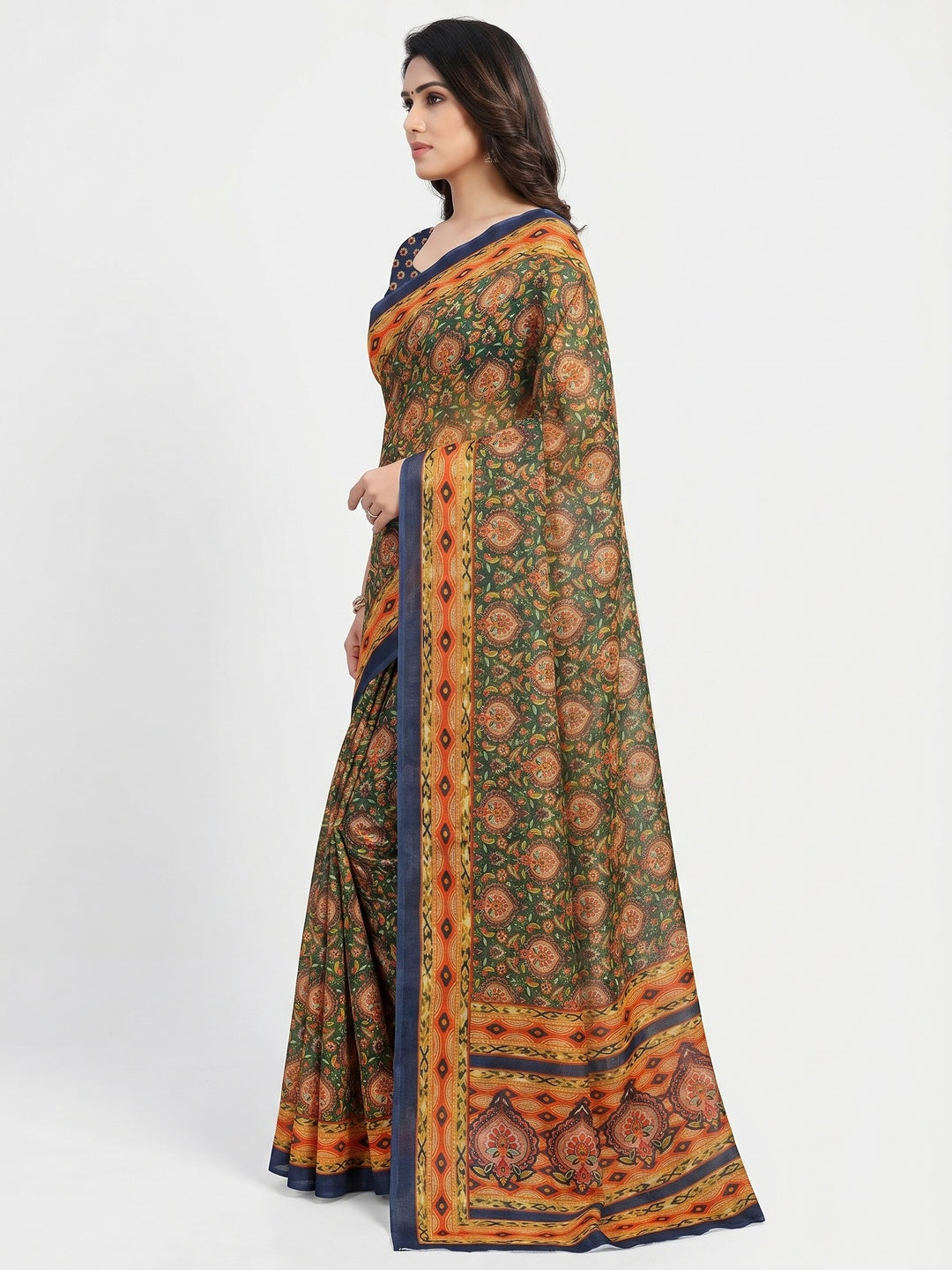 Green Floral Printed Pure Cotton Saree - Image 2