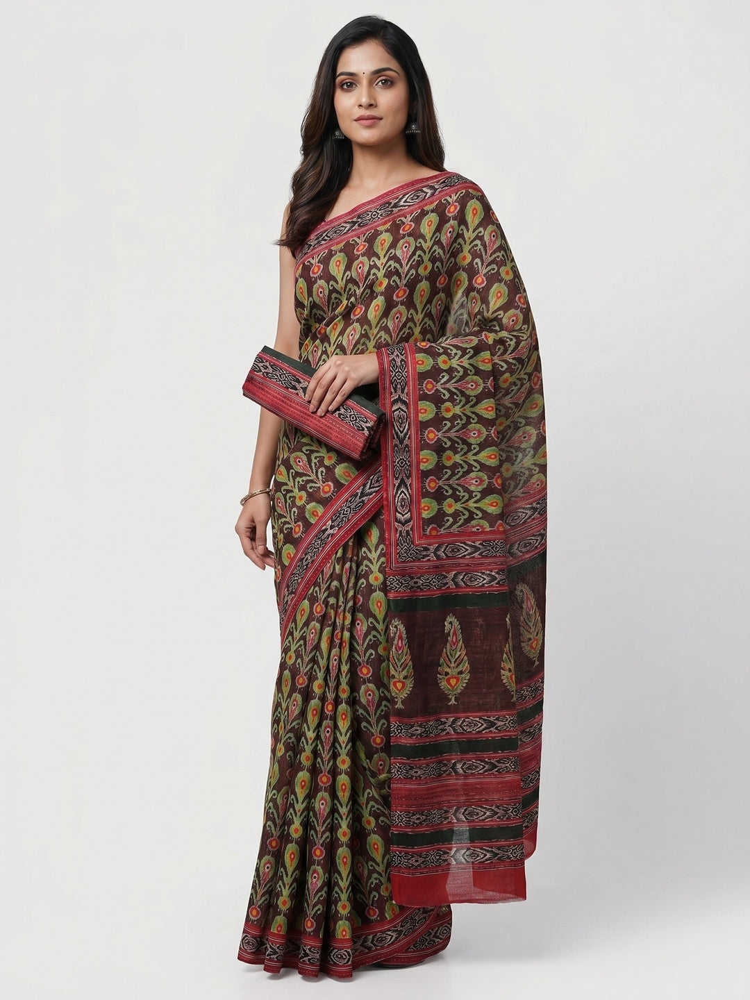 Brown Printed Pure Cotton Saree - Image 1