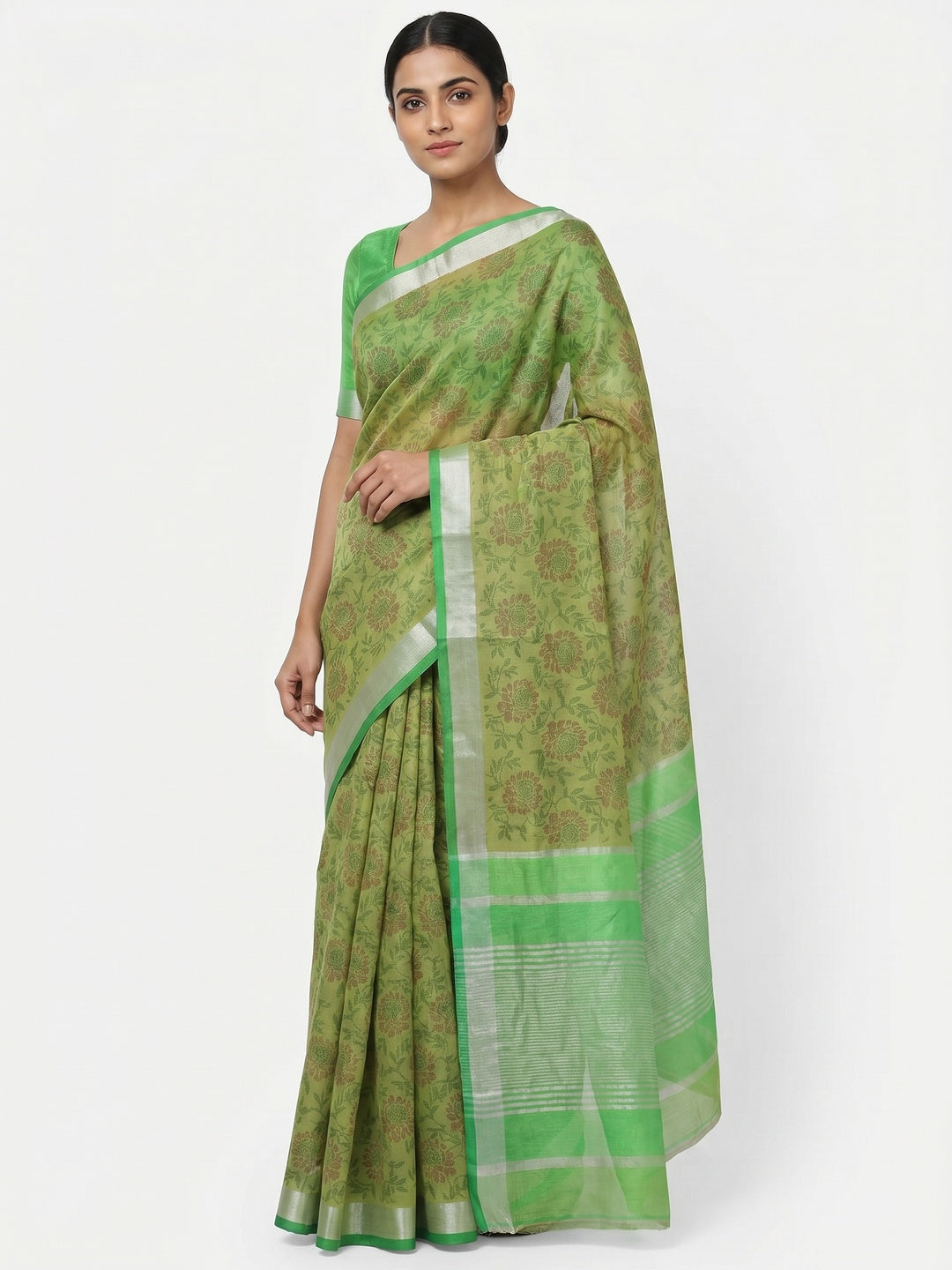 Green Floral Block Printed Chanderi Saree - Image 1