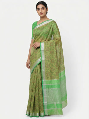 Green Floral Block Printed Chanderi Saree - Image 1