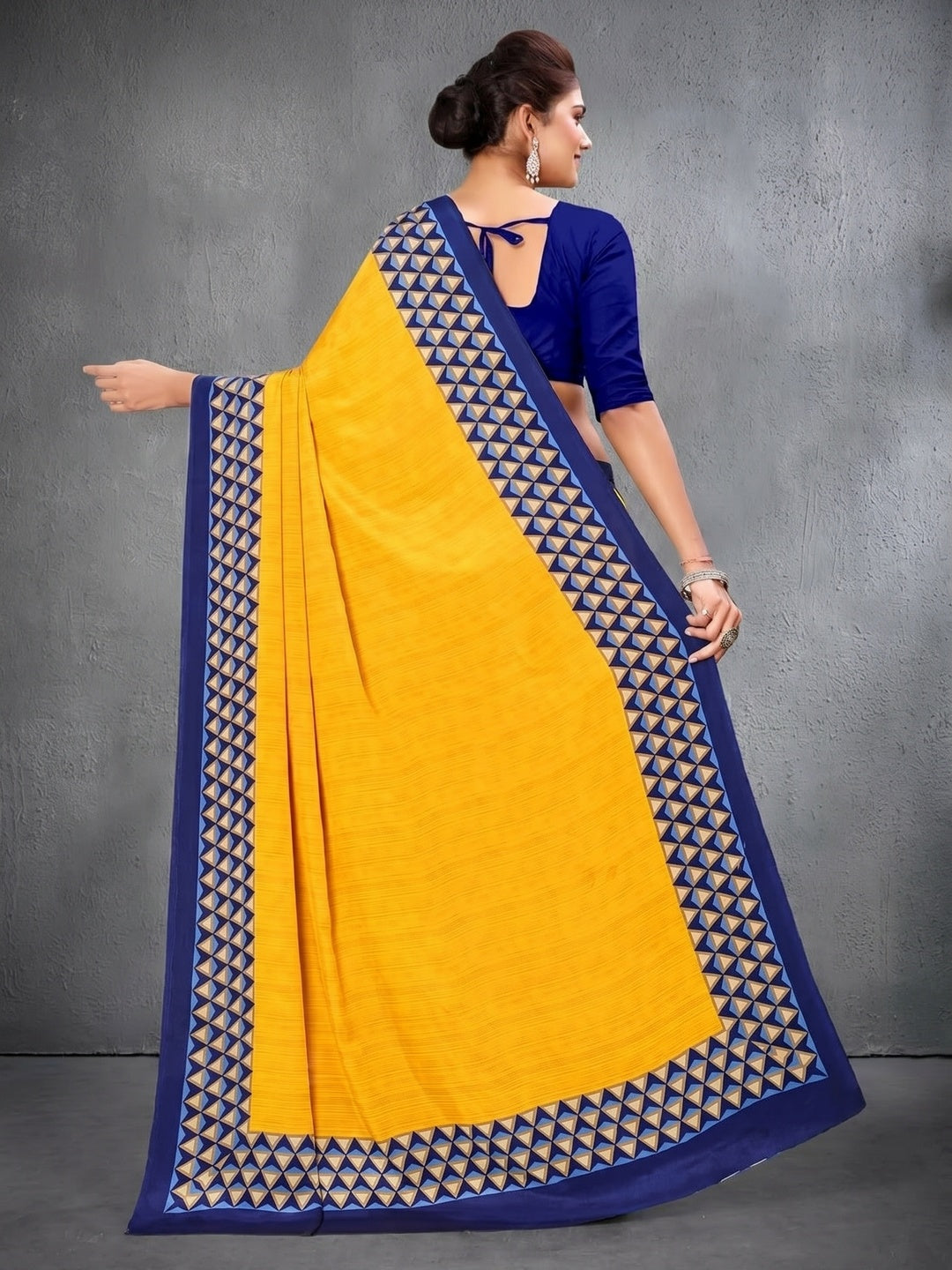 Yellow Silk Crepe Saree with Geometric Print - Image 4