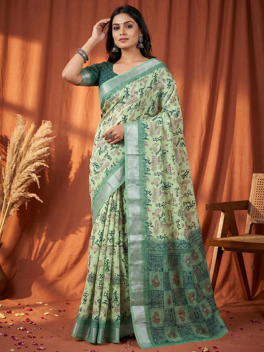Classic Mint Green Warli Tribal Art Digital Printed Linen Cotton Saree With Zari Border - Image 1