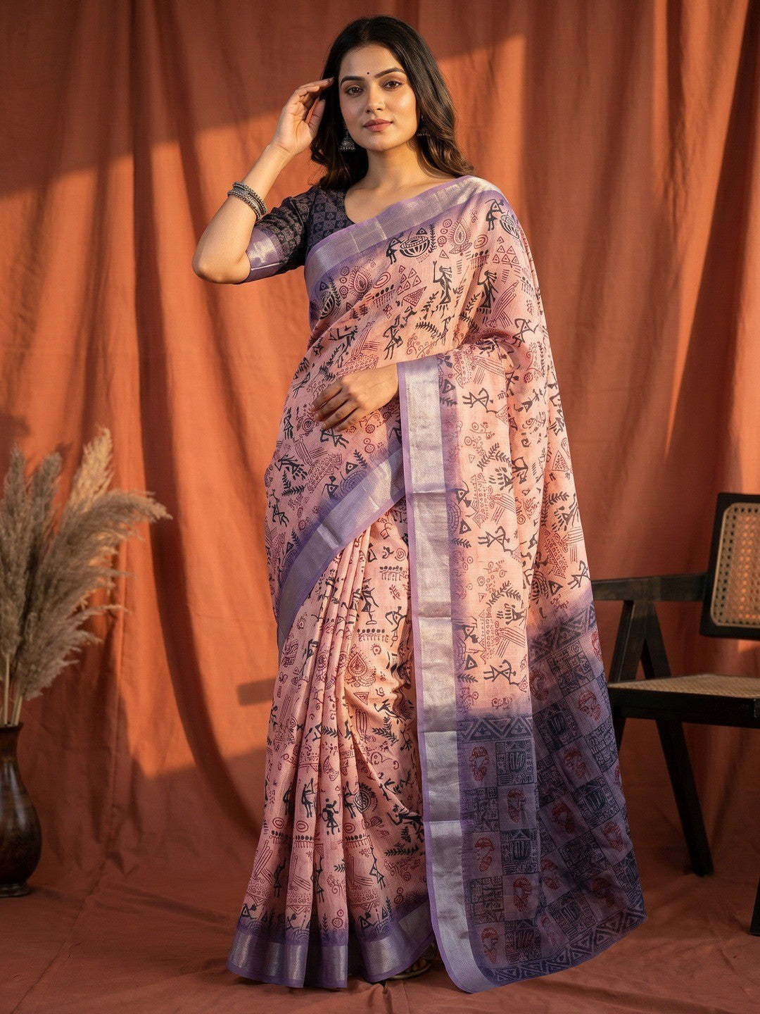 Classic Peach Warli Tribal Art Digital Printed Linen Cotton Saree With Zari Border - Image 1