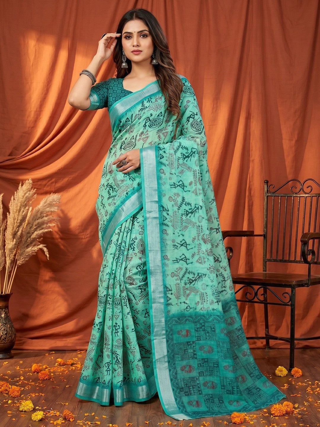 Classic Turquoise Warli Tribal Art Digital Printed Linen Cotton Saree With Zari Border - Image 1